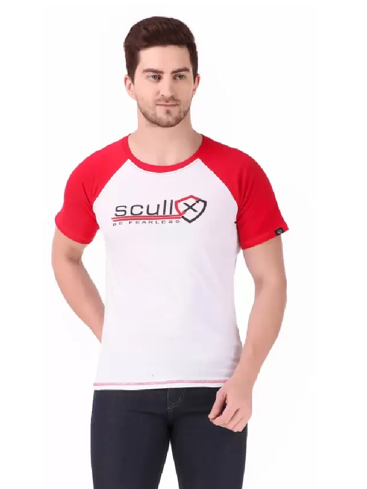 SCULLX Men Printed Round Neck Cotton Blend Red, White T-Shirt