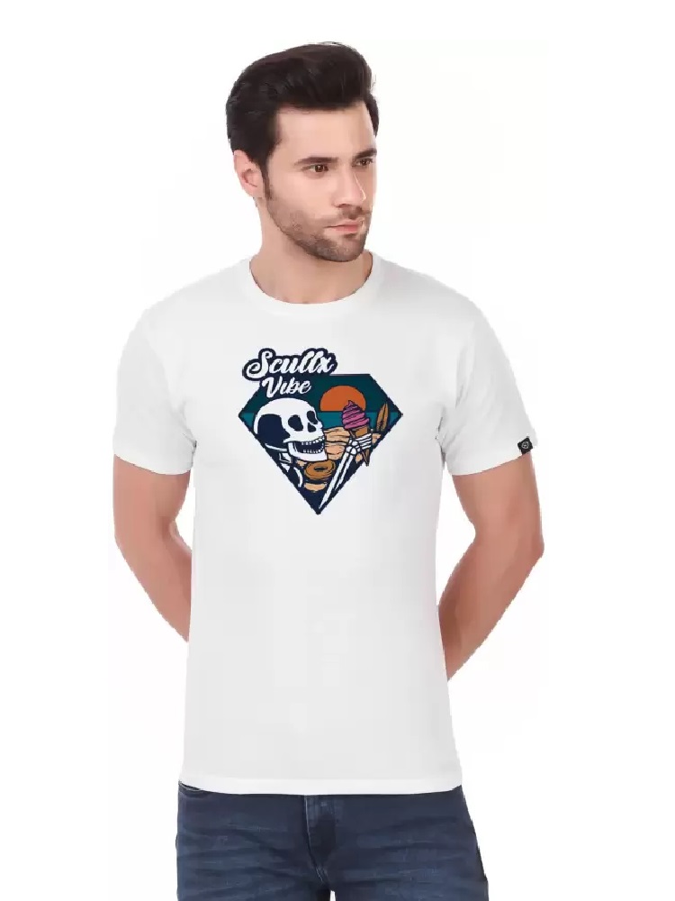 SCULLX Scullx VibePrinted T-Shirt in White Color Men Typography Round Neck Cotton Blend White T-Shir