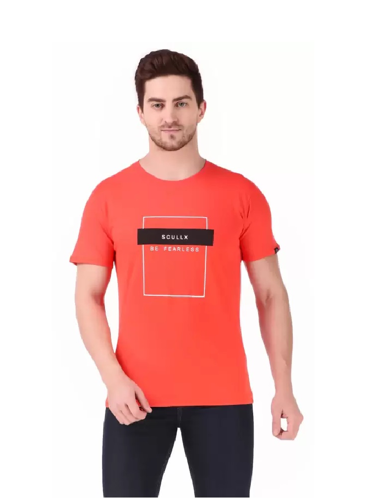 SCULLX Lifestyle Round Neck T-Shirt in Peach Color Men Typography Round Neck Cotton Blend Orange T-S