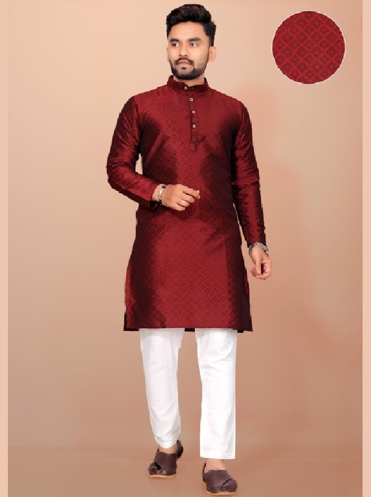 Men Maroon Abstract Pure Cotton Kurta Ethnic Dress