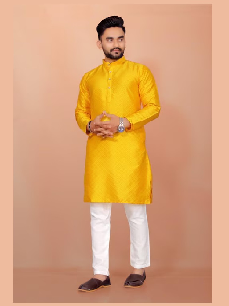Men Yellow Printed Jacquard Straight Kurta