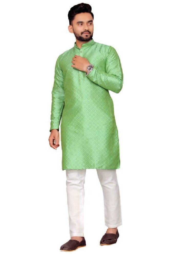 Men Light Green Self Design Kurta