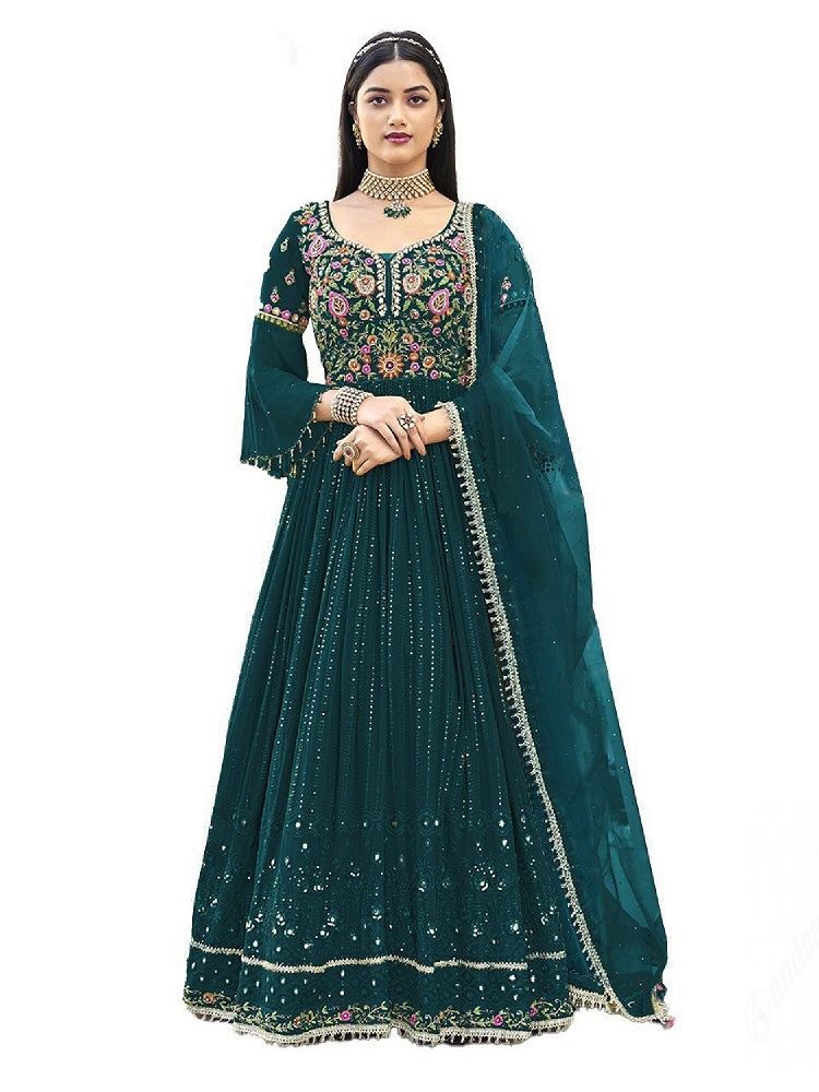 Faux Georgette Green Embroidered Floor Length Anarkali Suit