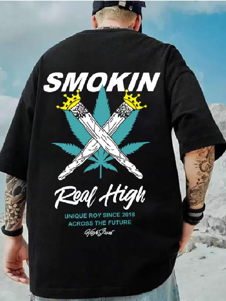 Men Oversized Smoking Graphic Print Round Neck Pure Cotton Black T-Shirt