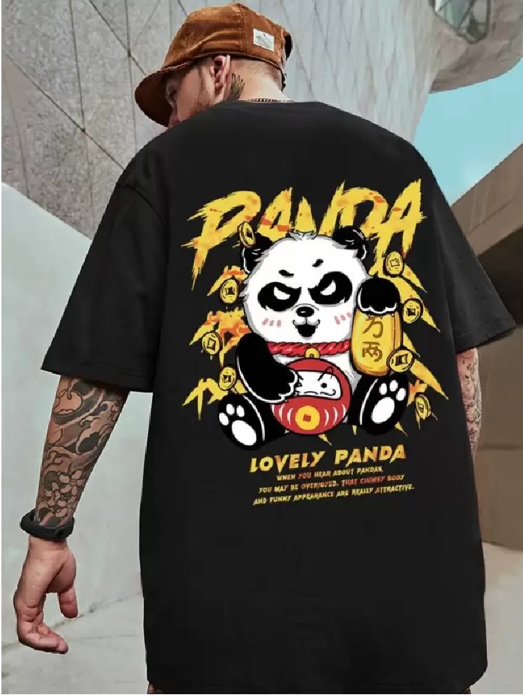 Men Printed Round Neck Cotton Blend Black Oversized T-Shirt