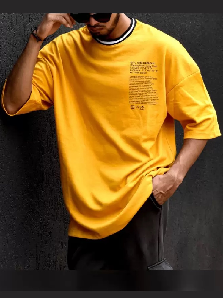 Men Typography Round Neck Cotton Blend Oversized Yellow T-Shirt
