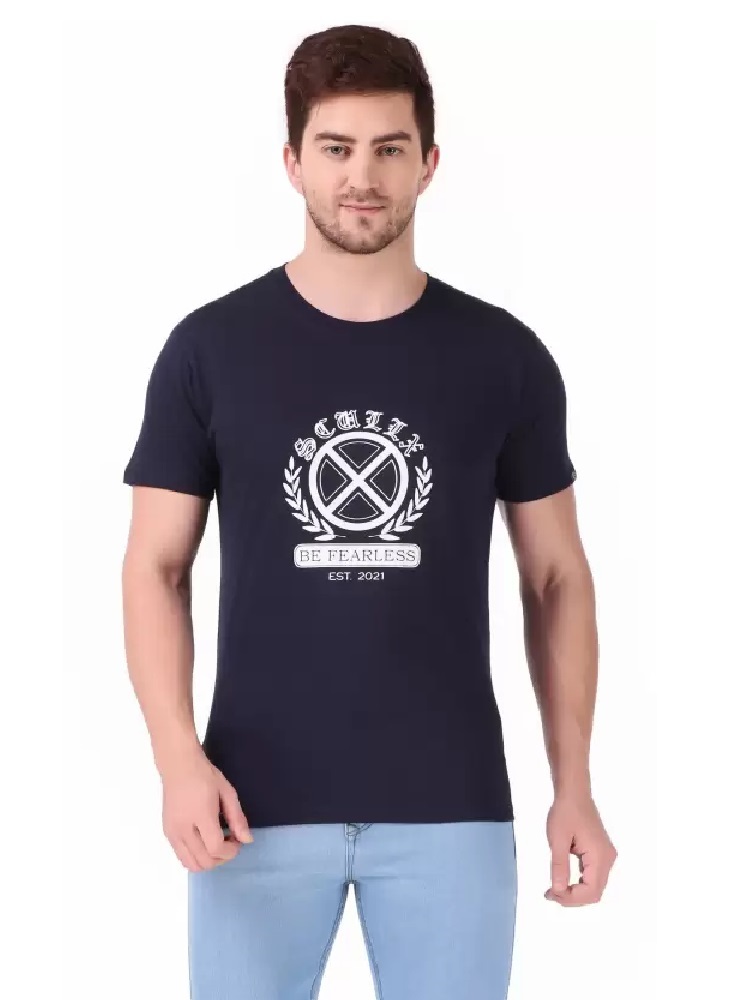 SCULLX Brand Logo Printed T-Shirt in Navy Blue Color Men Printed Round Neck Cotton Blend Dark Blue T