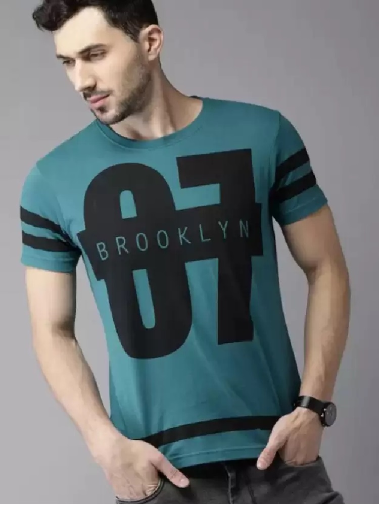 Men Printed Round Neck Cotton Blend Green T-Shirt