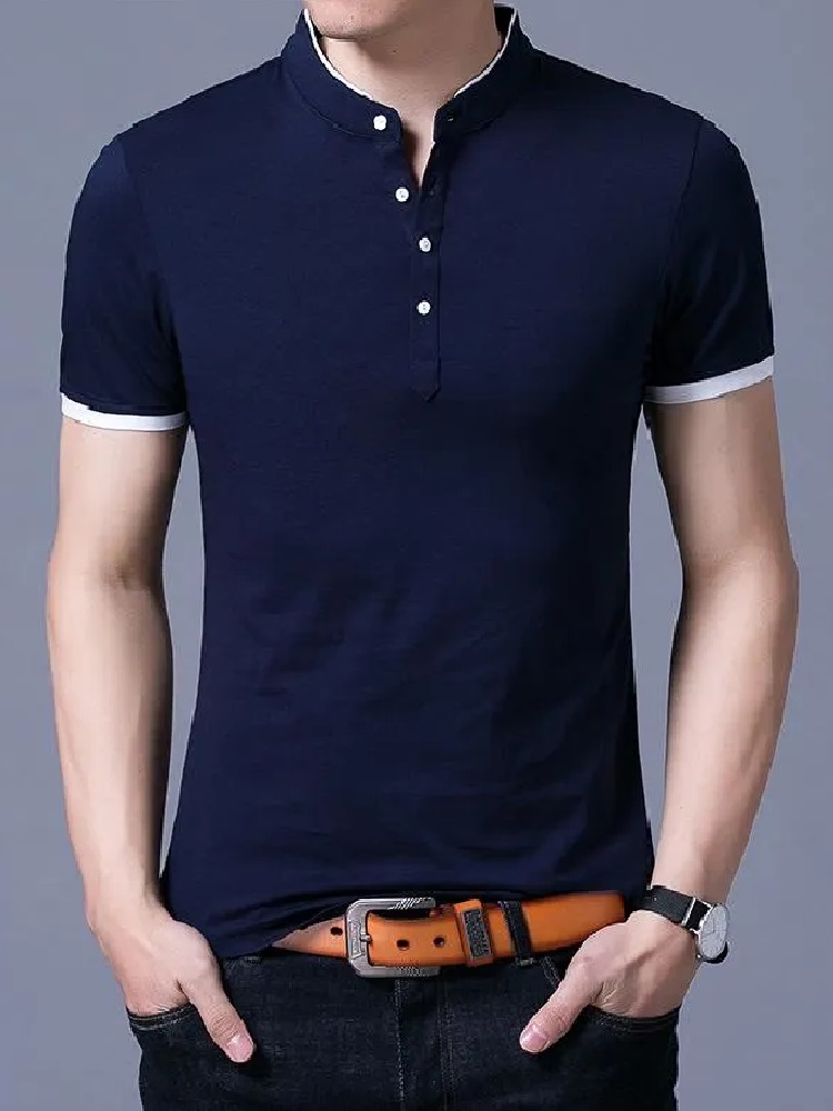 Men's Regular Fit Ban Collar Half Sleeve Solid Cotton Blend Blue