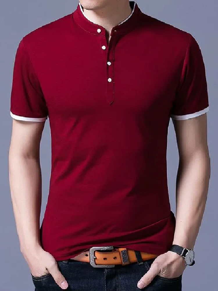 Men's Regular Fit Ban Collar Half Sleeve Solid Cotton Blend Blue