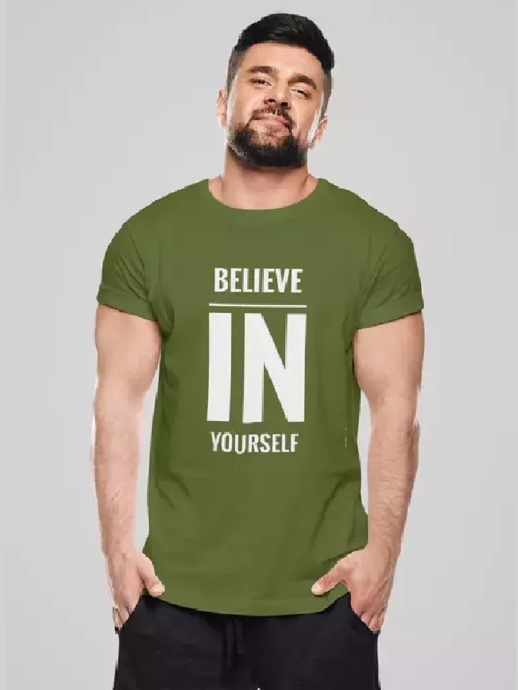 Elegant Fashion Mens Believe In Your Self Desgin Olive Green Colour Half Round Neck Tshirts