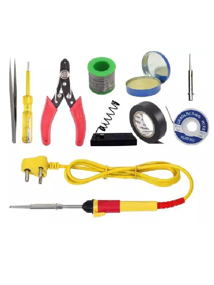 (10 in 1) Soldering Iron Tool Kit (25 W) | Iron | Wire | Flux | Wick | Stand | Cutter | Tweezer | Tap
