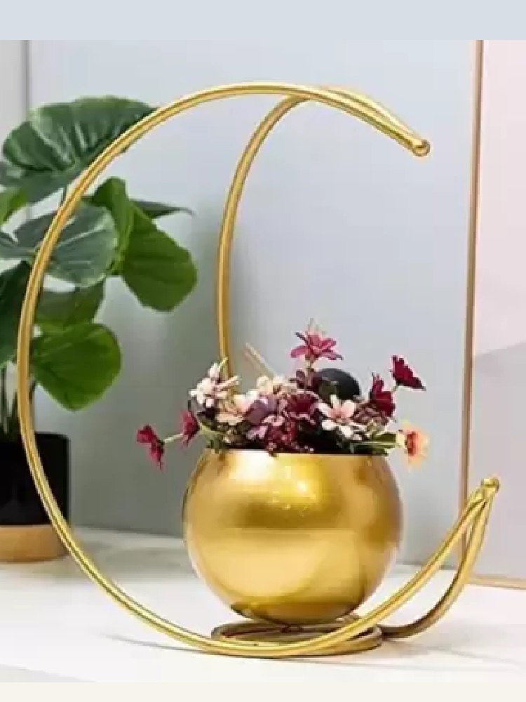 Metal Geometric Design Vase with Gold Finish - Table Decorative Flower Pot (Size 24 x 24cm) (Moon Flo