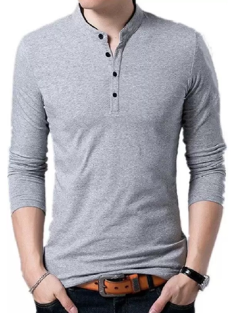 Men Solid Mandarin Collar Cotton Blend T-shirt 1