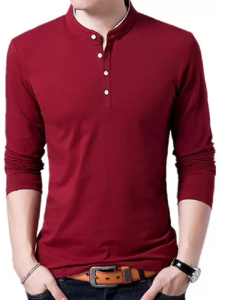 Men Solid Mandarin Collar Cotton Blend T-shirt 2