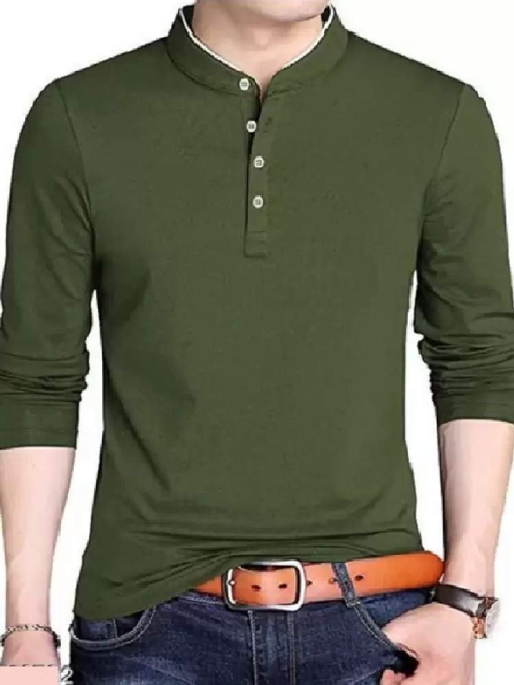 Men Solid Mandarin Collar Cotton Blend T-shirt 2