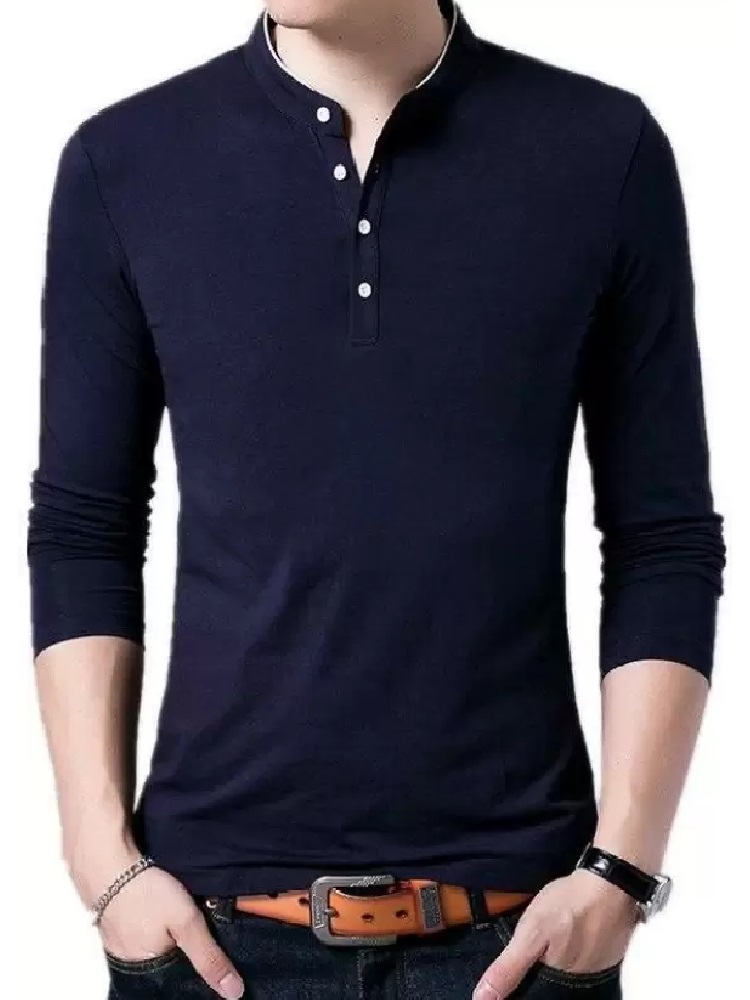 Men Solid Mandarin Collar Cotton Blend T-shirt 4