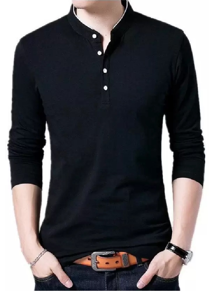 Men Solid Mandarin Collar Cotton Blend T-shirt 5