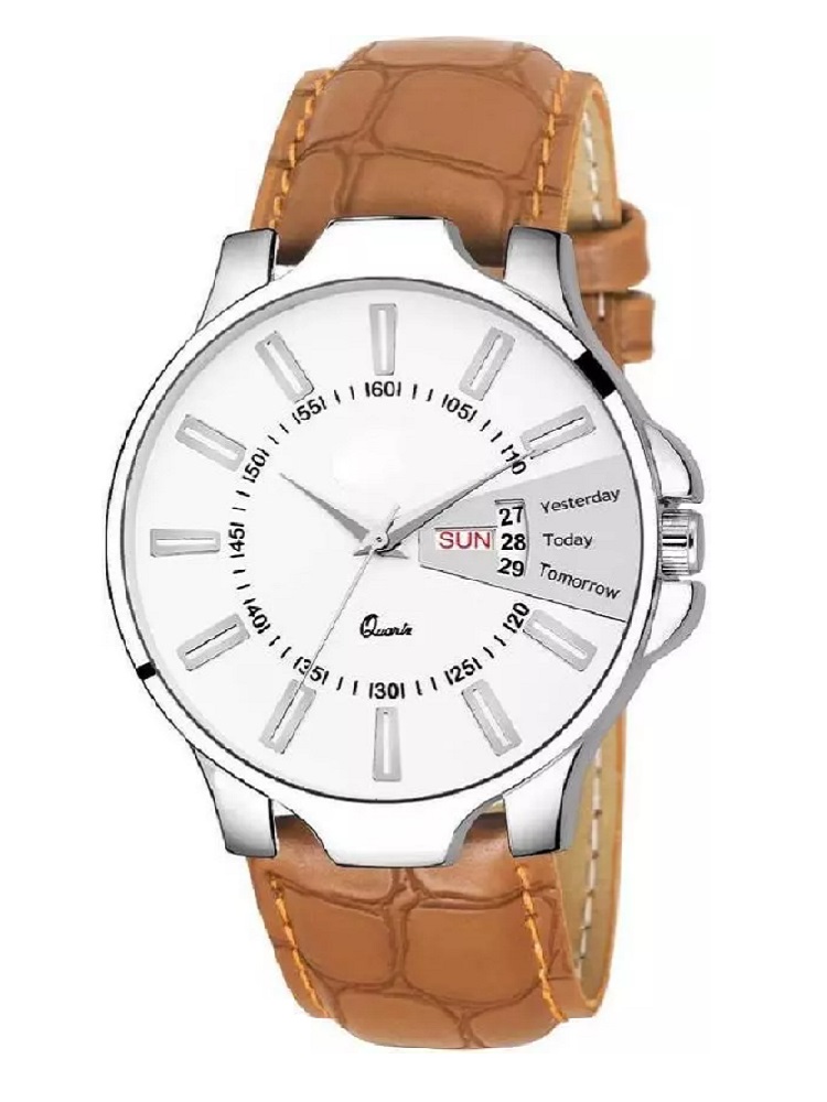 ANDHAK Light Brown strap Date Day and Time Leather Strap Analog wrist watch for men for boys Pack of 