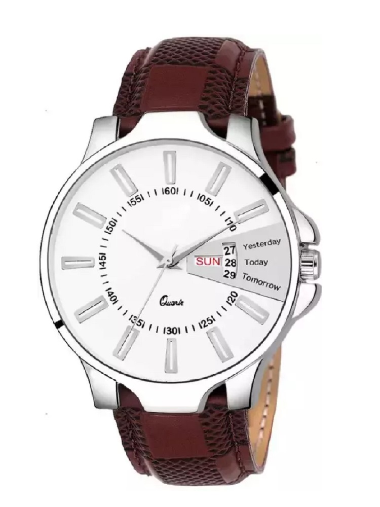 ANDHAK Dark Brown strap Date Day and Time Leather Strap Analog wrist watch for men for boys Pack of 1