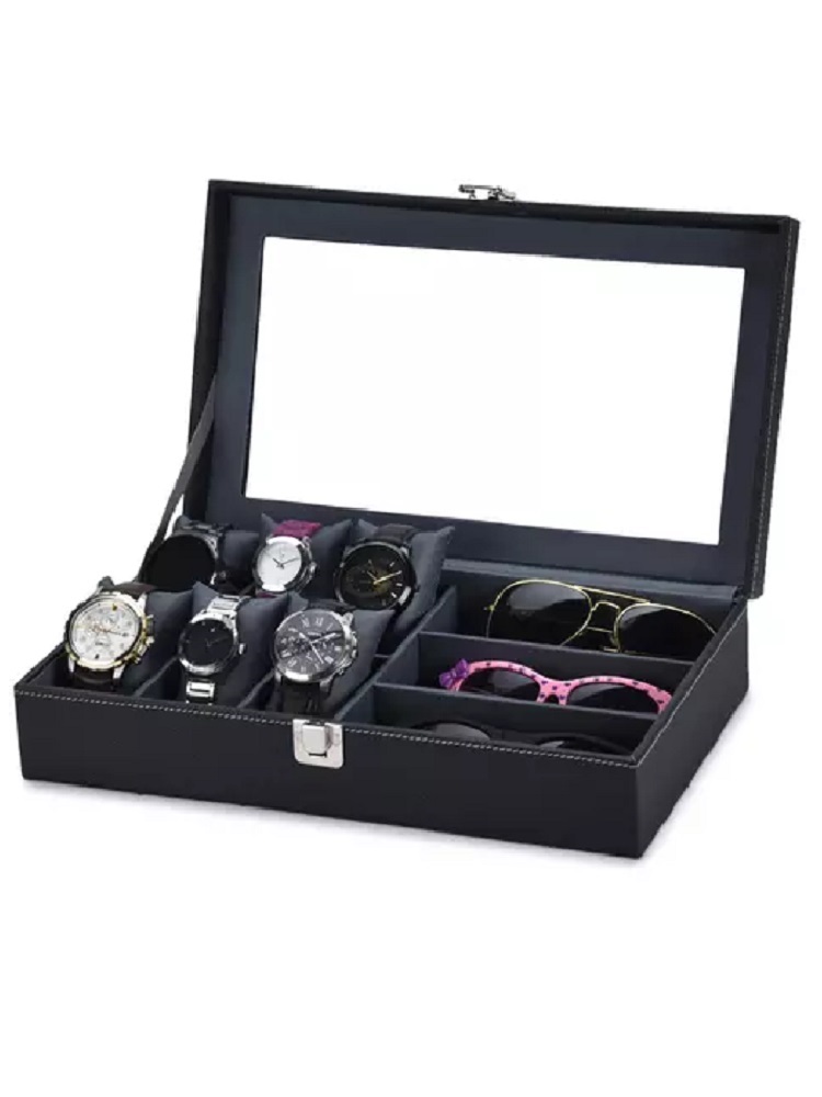 ANDHAK Classy Unisex Leatherette Black & Grey 6 Slot Watch Box Case, 3 Sunglasses slots with transpar