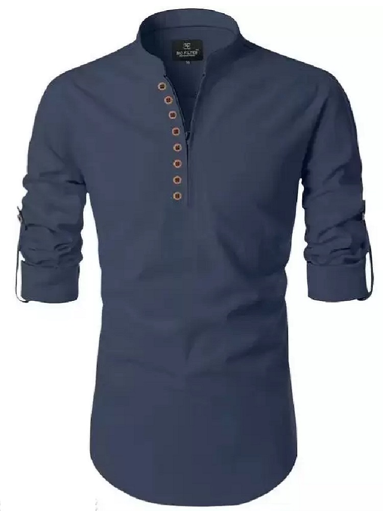 ANDHAK Men Regular Fit Solid Mandarin Collar Casual Shirt