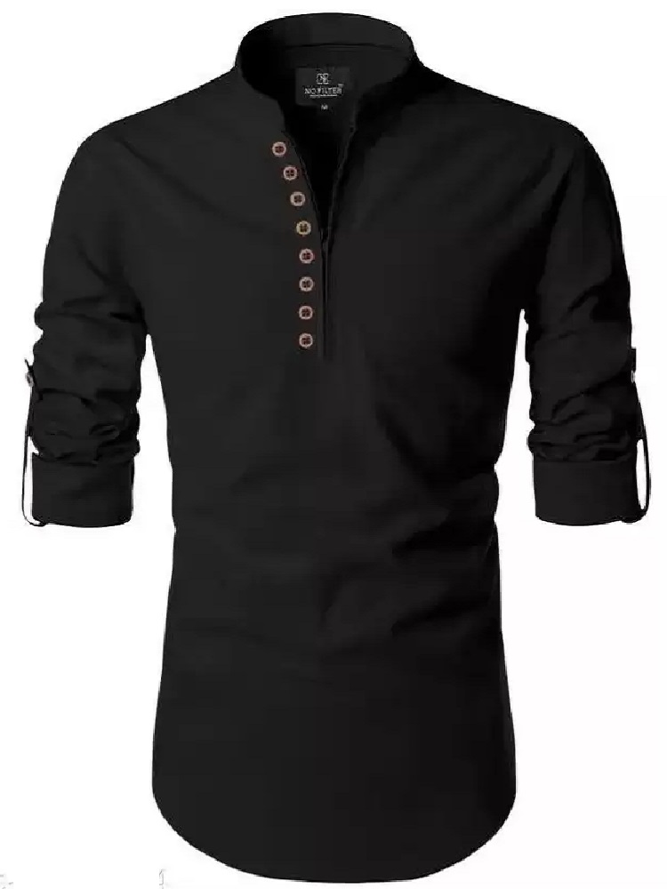 ANDHAK Men Regular Fit Solid Mandarin Collar Casual Shirt