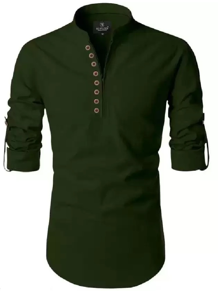 ANDHAK Men Regular Fit Solid Mandarin Collar Casual Shirt