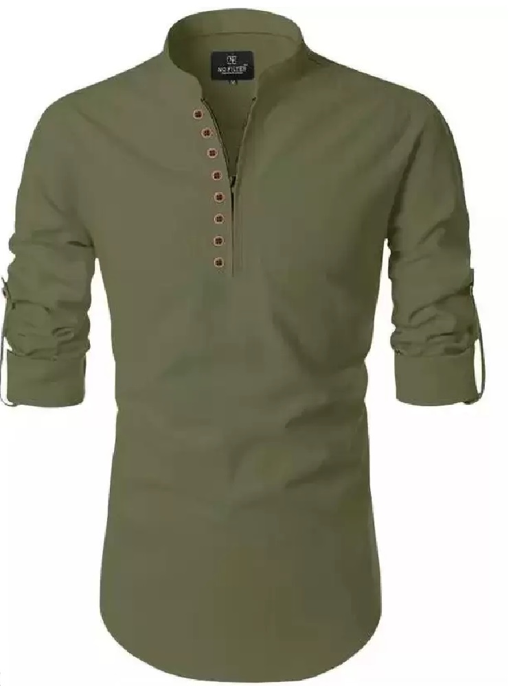ANDHAK Men Regular Fit Solid Mandarin Collar Casual Shirt