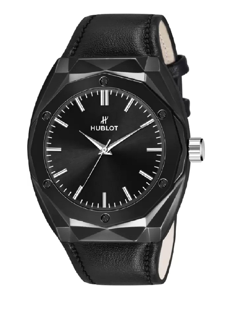 ANDHAK hublot Series of Luxury Style 3D Cut Dial Leather Strap Quartz Analog Watch BLACK