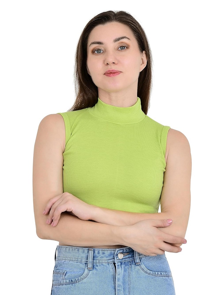 ANDHAK Women Regular Fit Mock Neck Turtle Neck Sleeveless Crop Top (pista green)