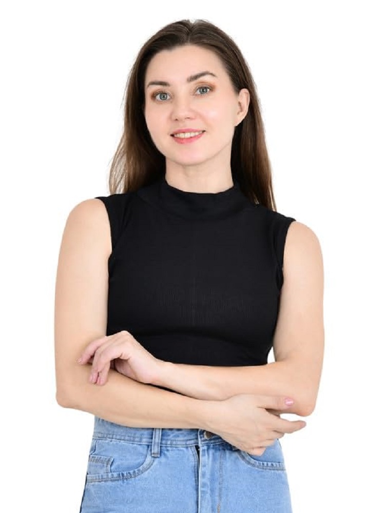ANDHAK Women Regular Fit Mock Neck Turtle Neck Sleeveless Crop Top (black)