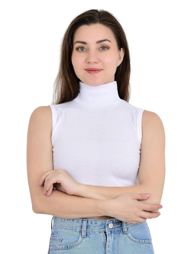 ANDHAK Women Regular Fit Mock Neck Turtle Neck Sleeveless Crop Top (white)