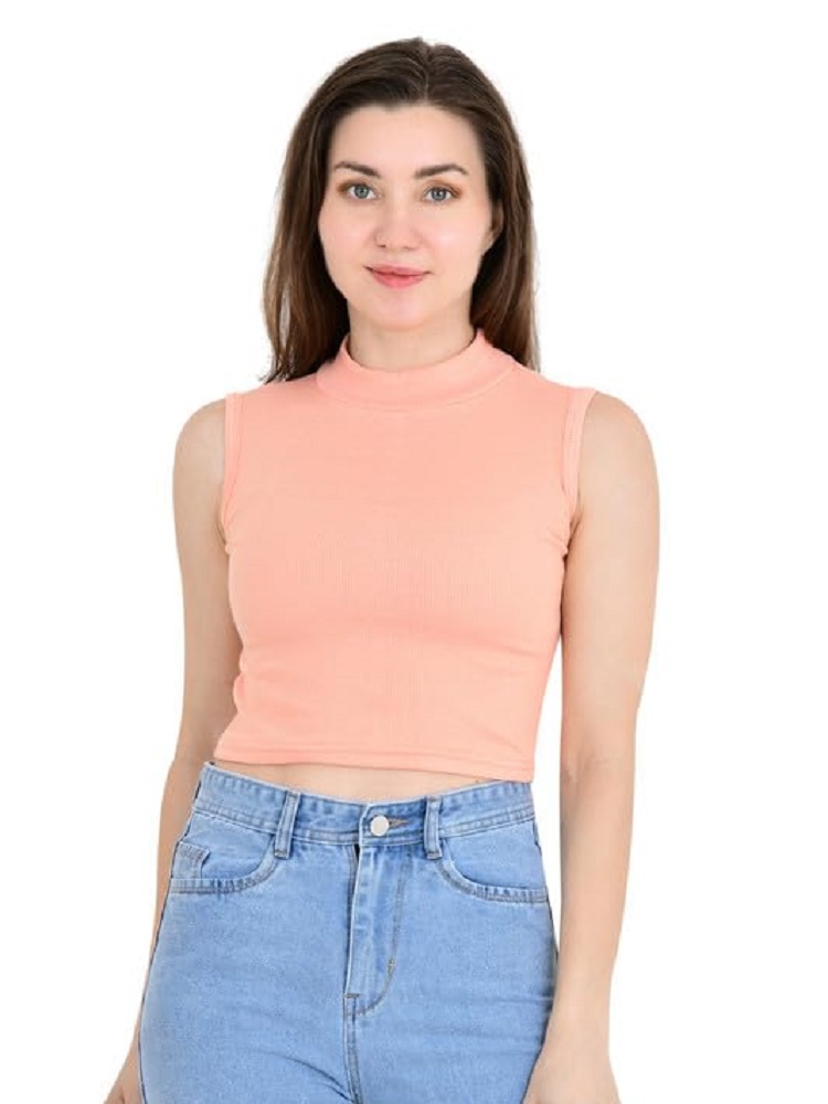 ANDHAK Women Regular Fit Mock Neck Turtle Neck Sleeveless Crop Top (orange)