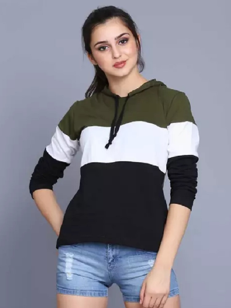ANDHAK Women Colorblock Hooded Neck Pure Cotton Multicolor T-Shirt Green
