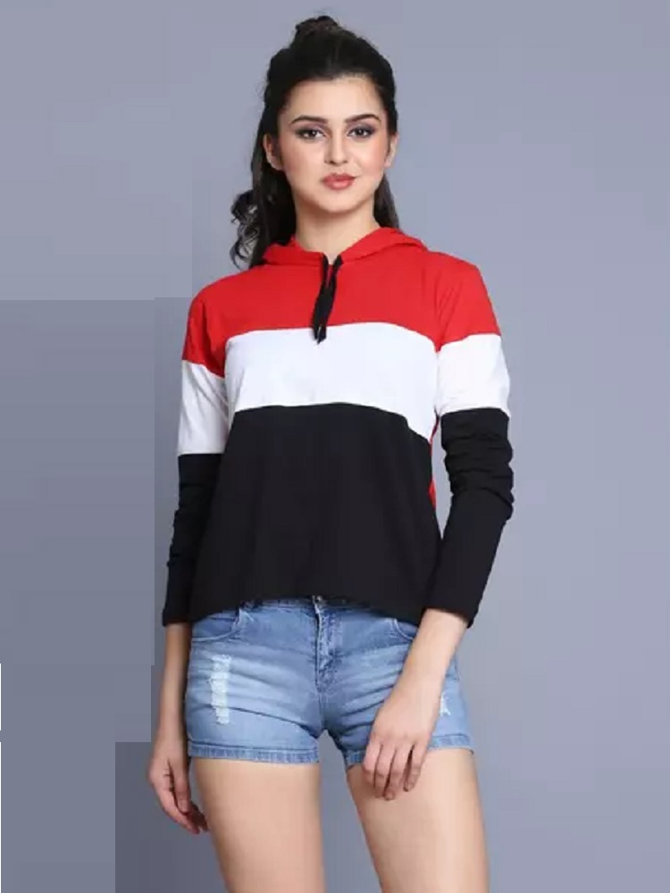 ANDHAK Women Colorblock Hooded Neck Pure Cotton Multicolor T-Shirt red