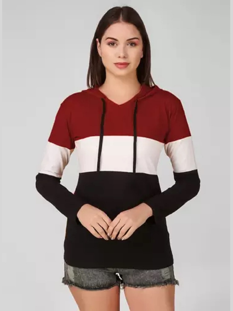 ANDHAK Women Colorblock Hooded Neck Pure Cotton Multicolor T-Shirt