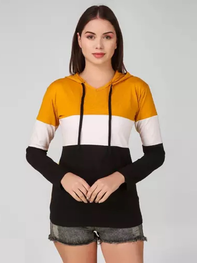 ANDHAK Women Colorblock Hooded Neck Pure Cotton Multicolor T-Shirt yelllow