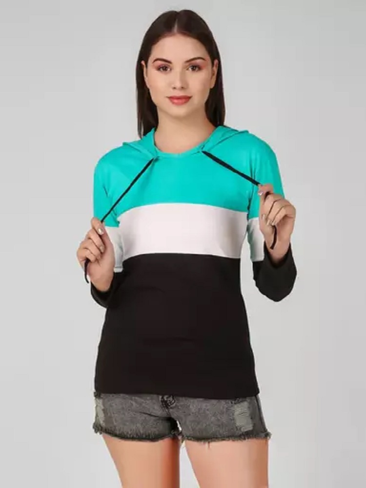 ANDHAK Women Colorblock Hooded Neck Pure Cotton Multicolor T-Shirt aqua