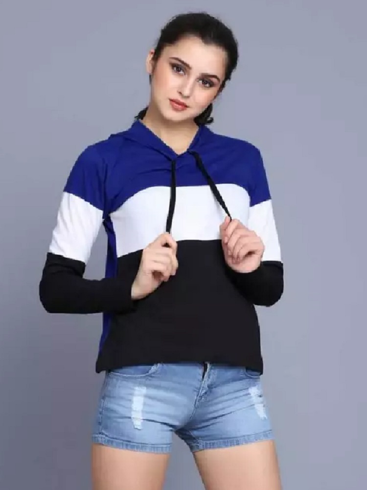 ANDHAK Women Colorblock Hooded Neck Pure Cotton Multicolor T-Shirt blue