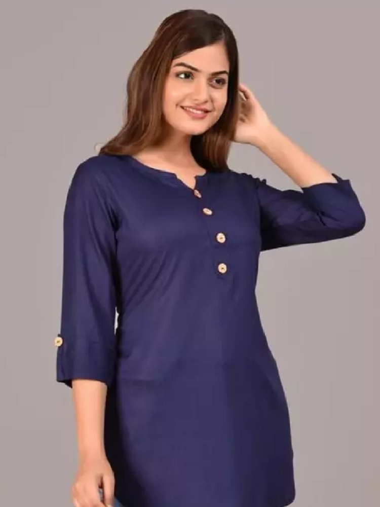 ANDHAK Regular Sleeves Solid Women Dark Blue Top